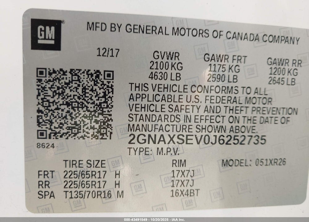 2018 CHEVROLET EQUINOX LT VIN: 2GNAXSEV0J6252735