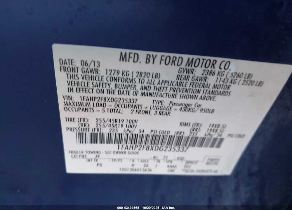 2013 FORD TAURUS LIMITED VIN: 1FAHP2F8XDG235337