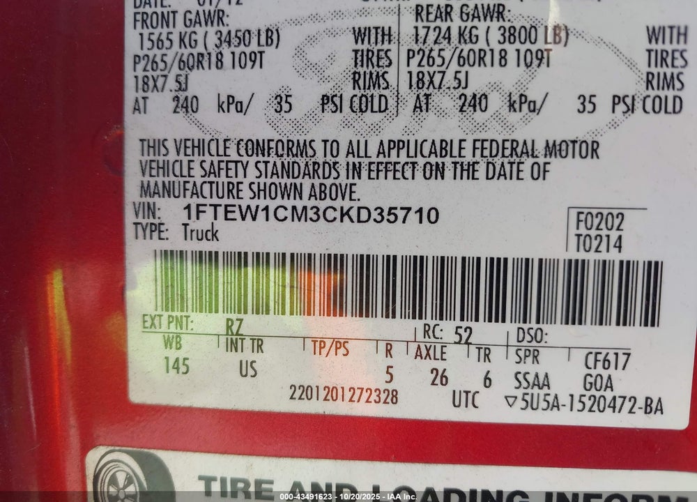 2012 FORD F-150 VIN: 1FTEW1CM3CKD35710