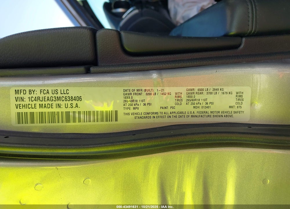 2021 JEEP GRAND CHEROKEE LAREDO E 4X2 VIN: 1C4RJEAG3MC638406