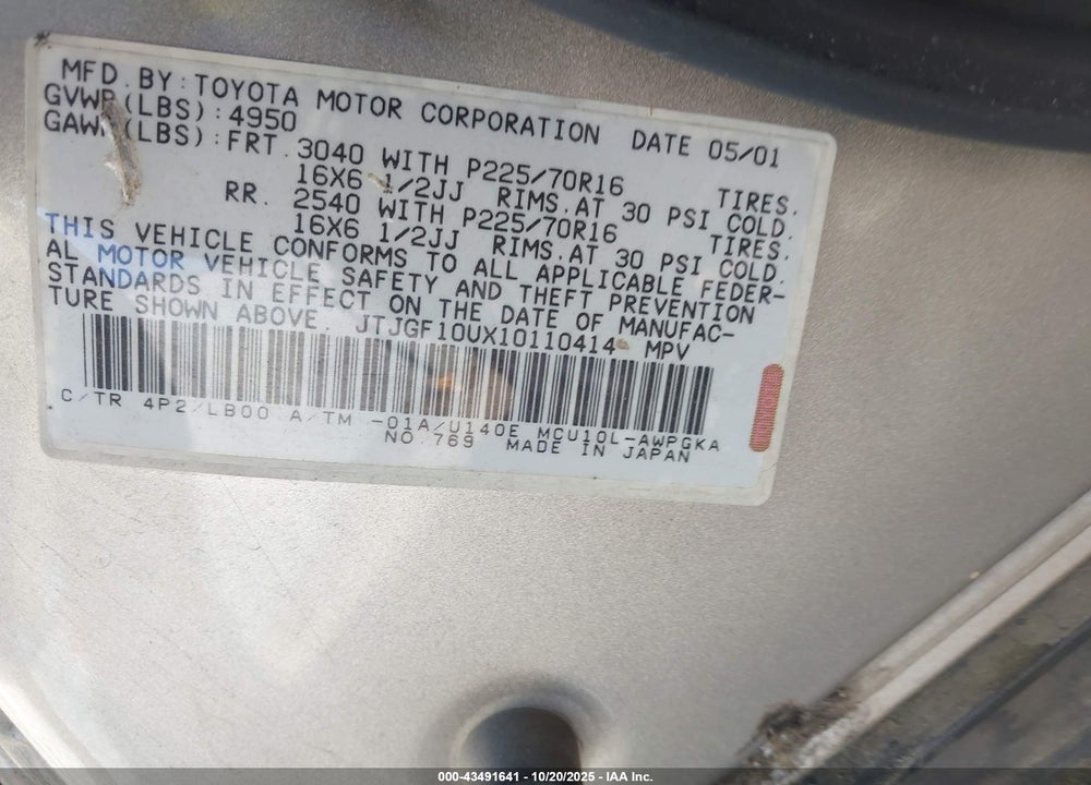 2001 LEXUS RX 300 VIN: JTJGF10UX10110414