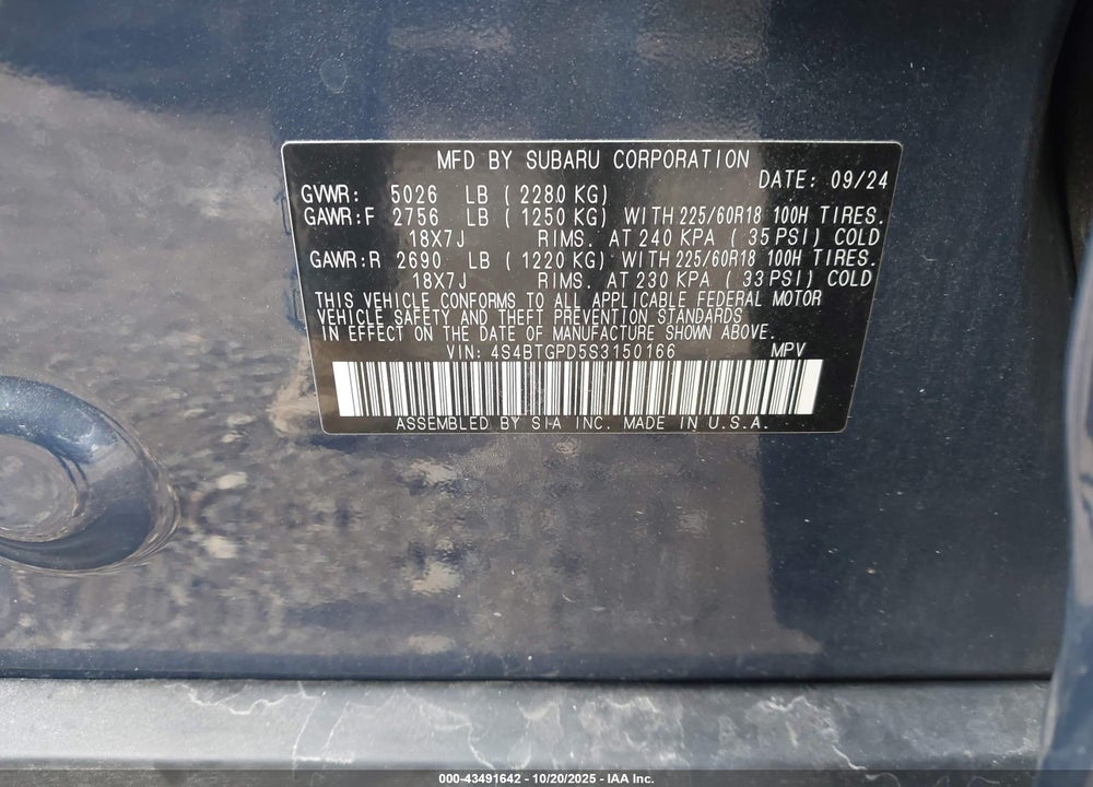 2025 SUBARU OUTBACK TOURING XT VIN: 4S4BTGPD5S3150166