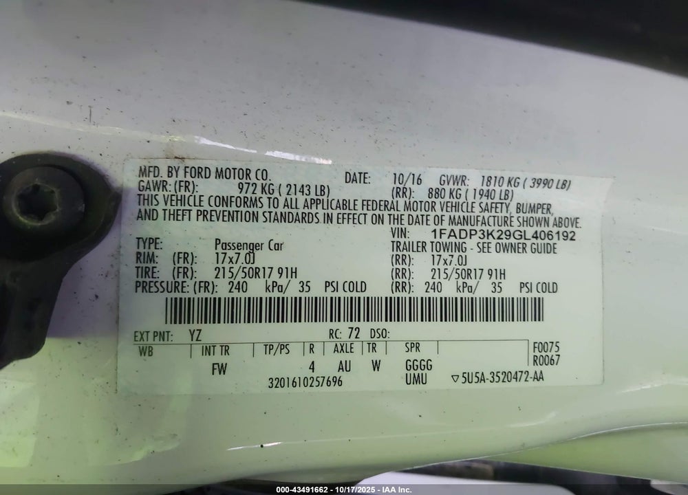 2016 FORD FOCUS VIN: 1FADP3K29GL406192