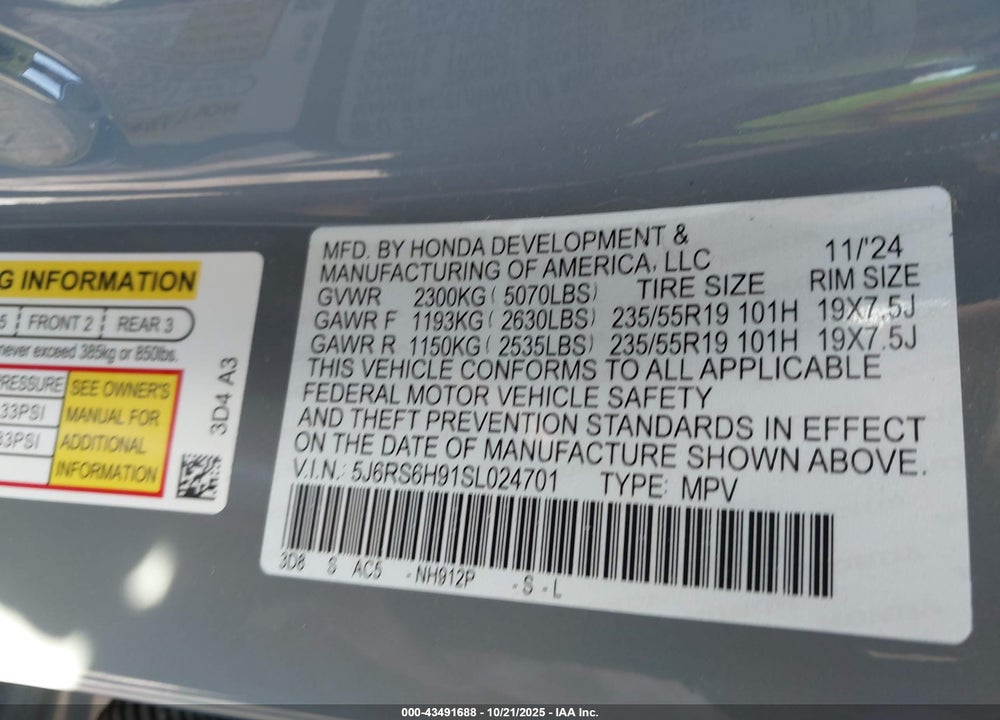 2025 HONDA CR-V VIN: 5J6RS6H91SL024701