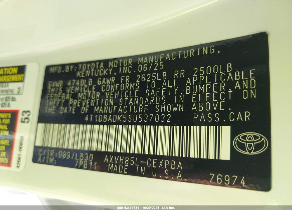 2025 TOYOTA CAMRY XSE VIN: 4T1DBADK5SU537032