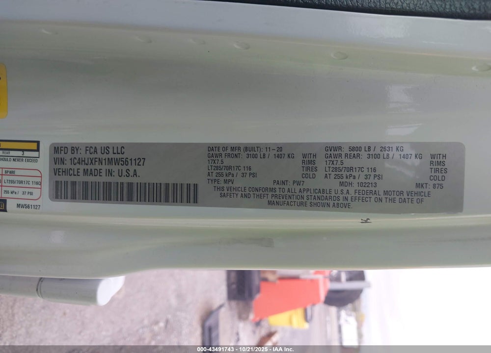 2021 JEEP WRANGLER UNLIMITED VIN: 1C4HJXFN1MW561127