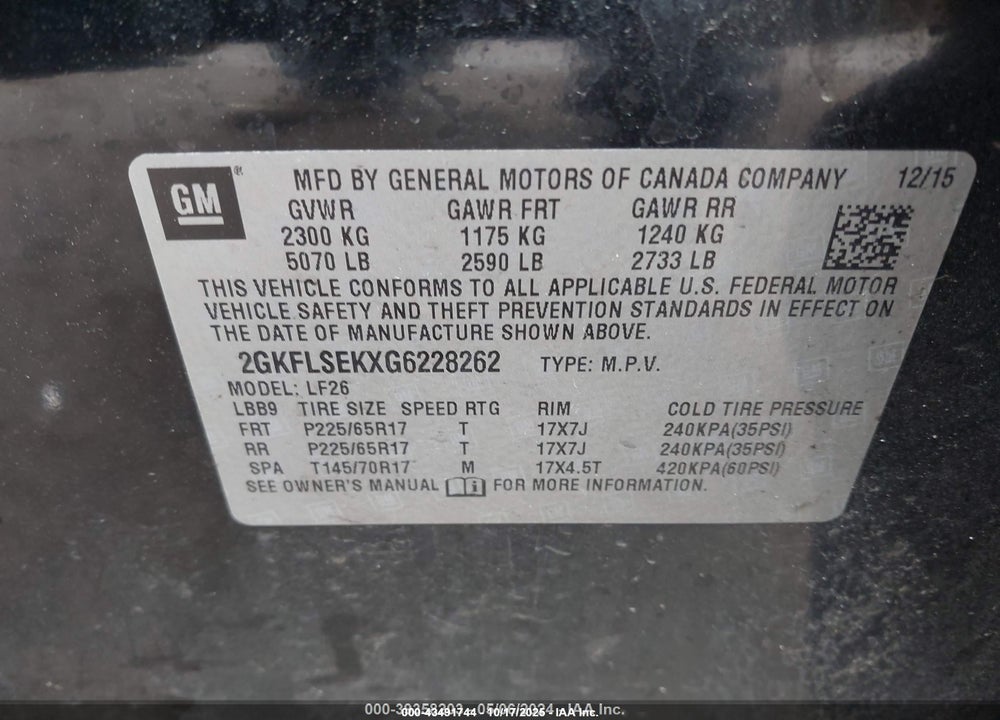 2016 GMC TERRAIN SLE-1 VIN: 2GKFLSEKXG6228262