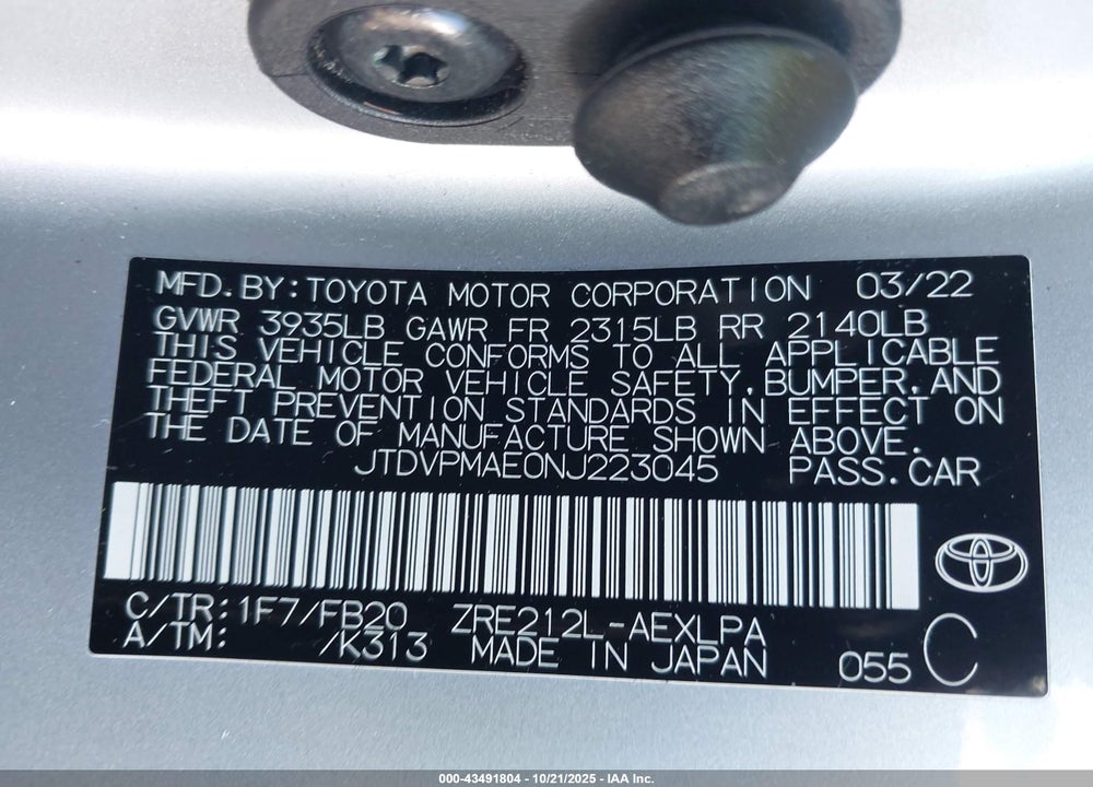 2022 TOYOTA COROLLA LE VIN: JTDVPMAE0NJ223045