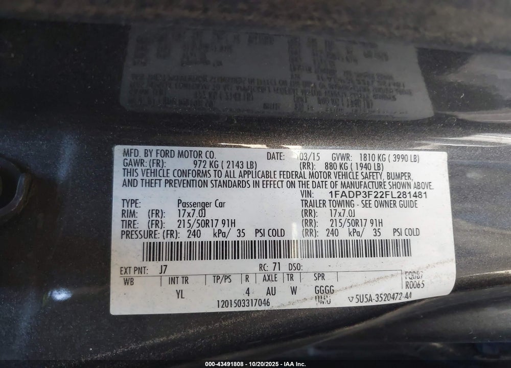 2015 FORD FOCUS SE VIN: 1FADP3F22FL281481