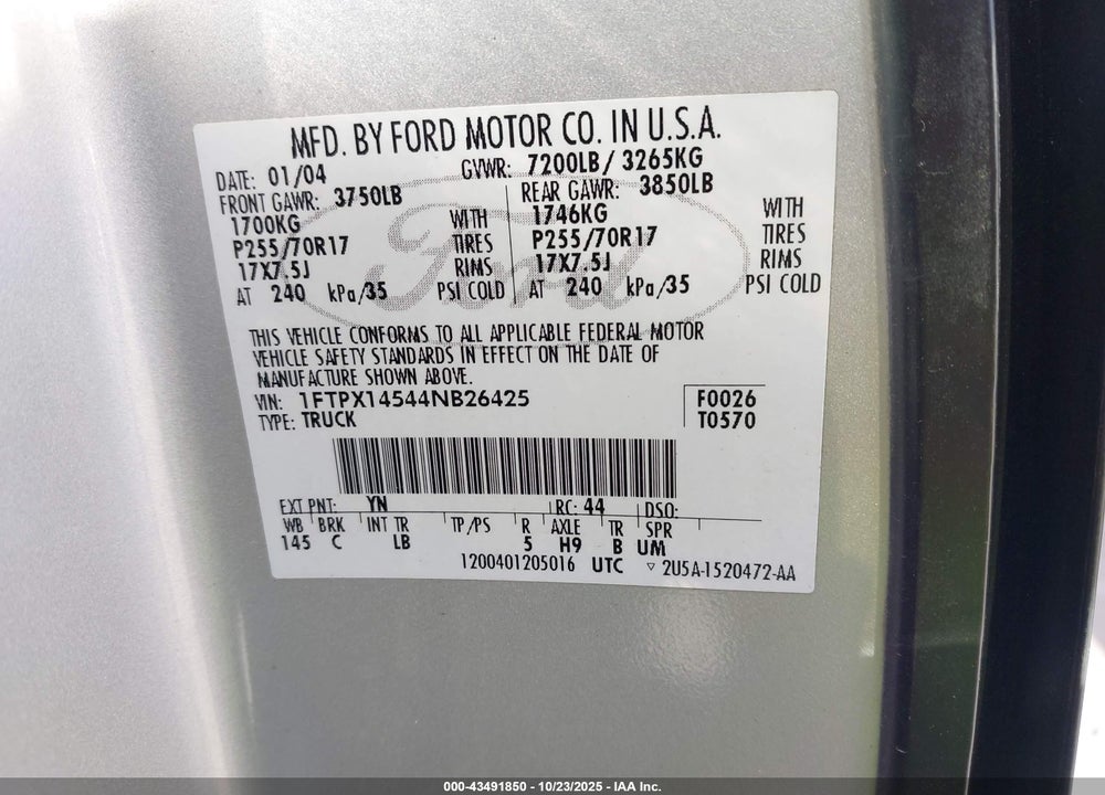 2004 FORD F-150 VIN: 1FTPX14544NB26425