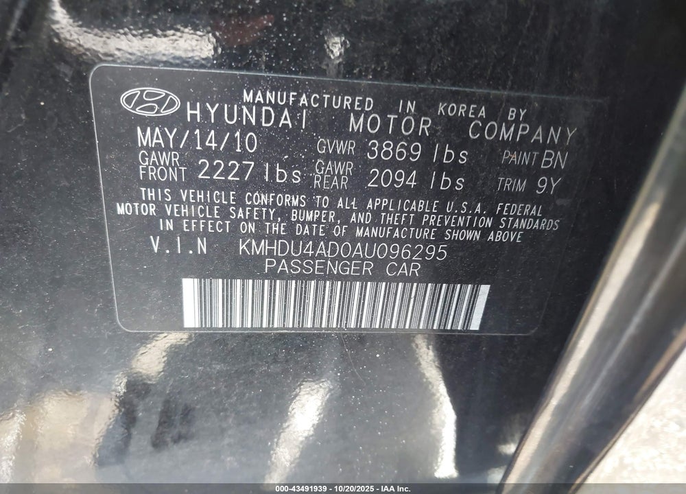 2010 HYUNDAI ELANTRA SE VIN: KMHDU4AD0AU096295