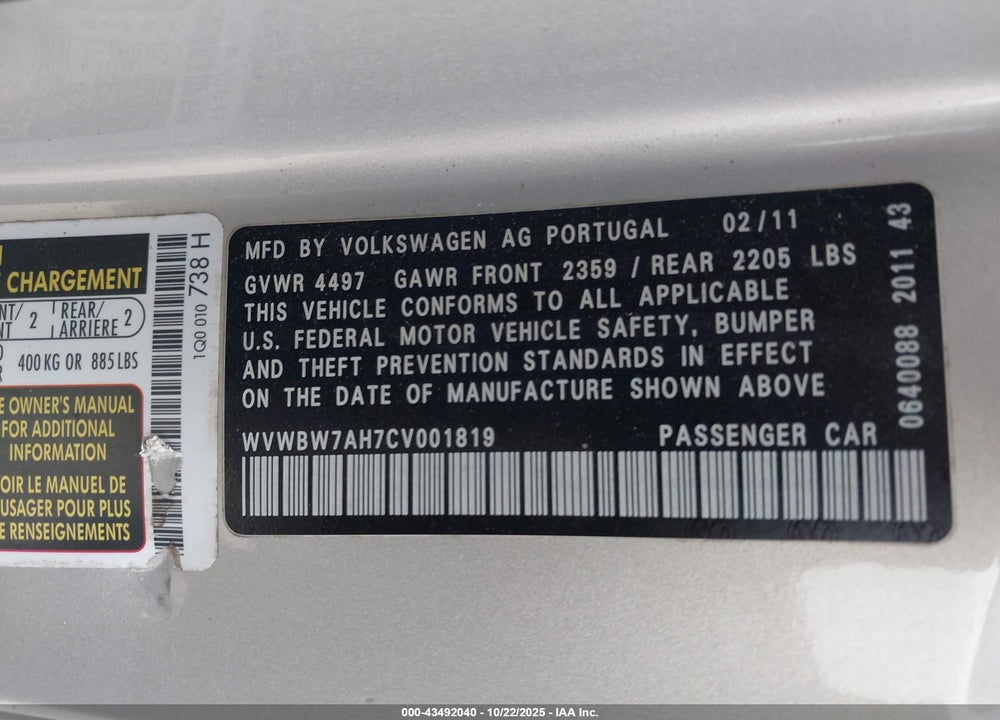2012 VOLKSWAGEN EOS VIN: WVWBW7AH7CV001819