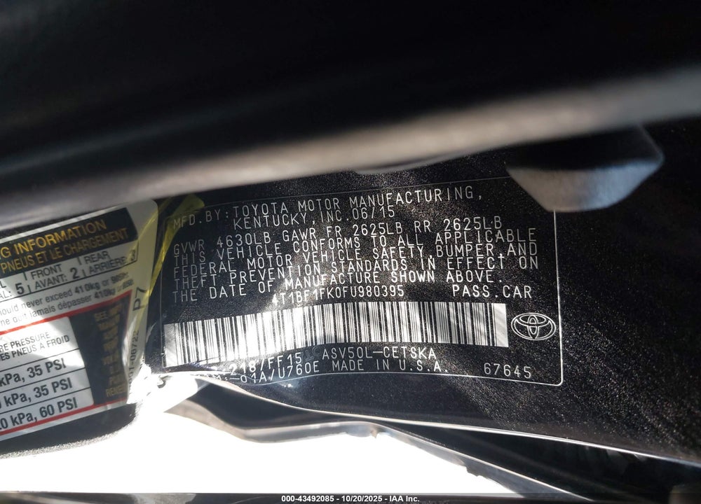 2015 TOYOTA CAMRY VIN: 4T1BF1FK0FU980395