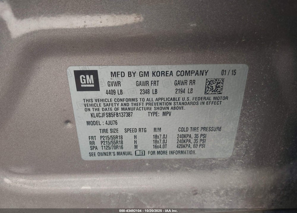 2015 BUICK ENCORE CONVENIENCE VIN: KL4CJFSB5FB137387
