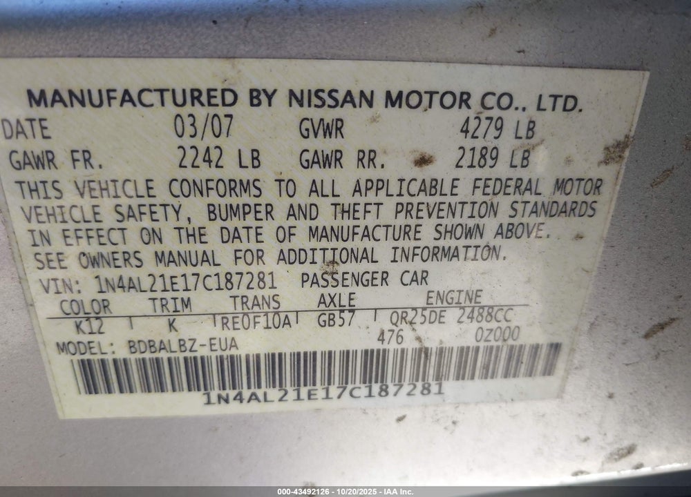 2007 NISSAN ALTIMA VIN: 1N4AL21E17C187281