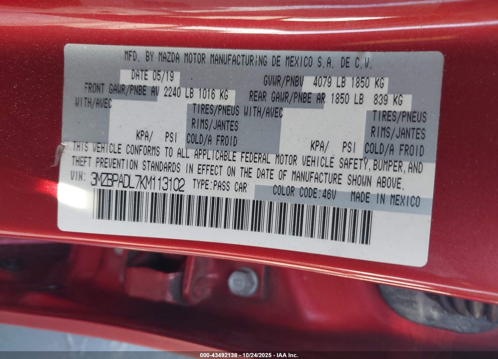 2019 MAZDA 3 PREFERRED PACKAGE VIN: 3MZBPADL7KM113102