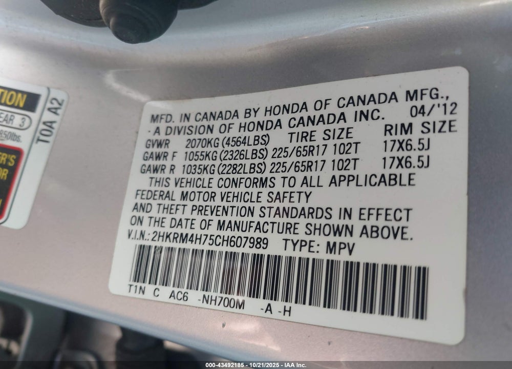 2012 HONDA CR-V EX-L VIN: 2HKRM4H75CH607989