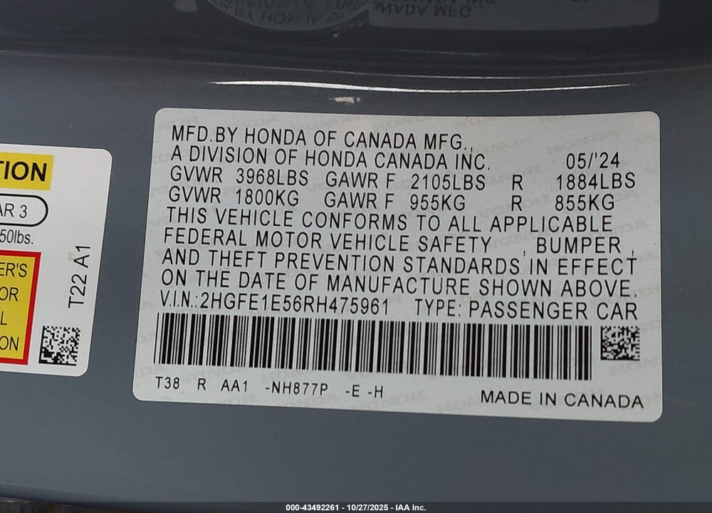 2024 HONDA CIVIC SI SEDAN VIN: 2HGFE1E56RH475961
