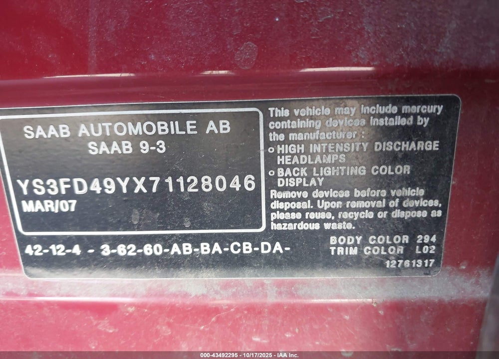 2007 SAAB 9 3 VIN: YS3FD49YX71128046