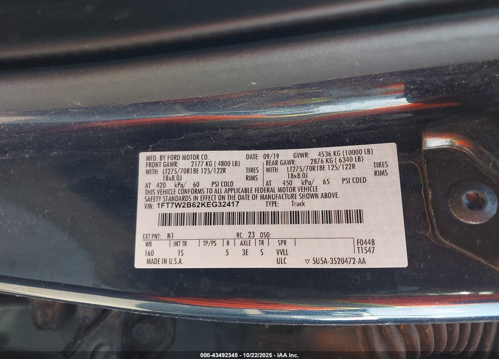2019 FORD F-250 VIN: 1FT7W2B62KEG32417