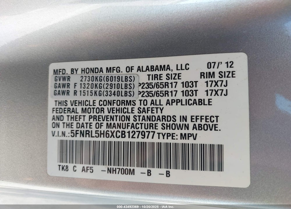 2012 HONDA ODYSSEY EX-L VIN: 5FNRL5H6XCB127977