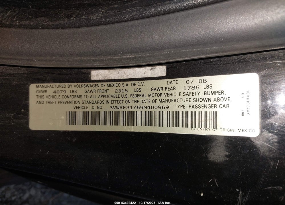 2009 VOLKSWAGEN BEETLE VIN: 3VWRF31Y69M400969