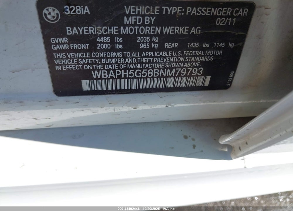 2011 BMW 328I VIN: WBAPH5G58BNM79793
