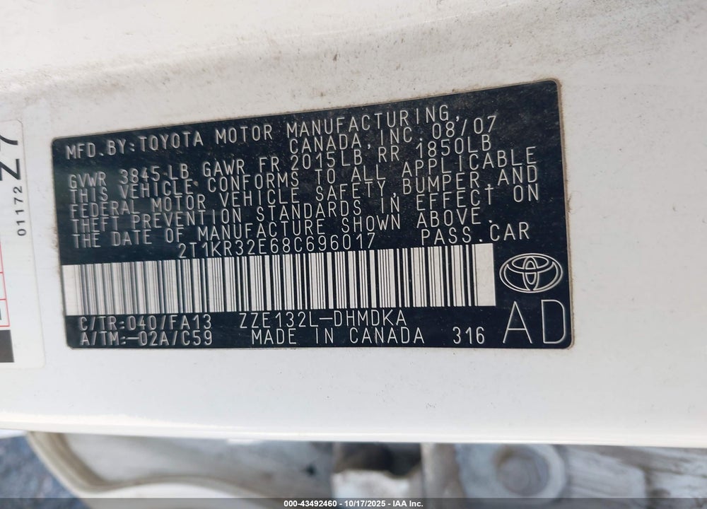 2008 TOYOTA MATRIX VIN: 2T1KR32E68C696017
