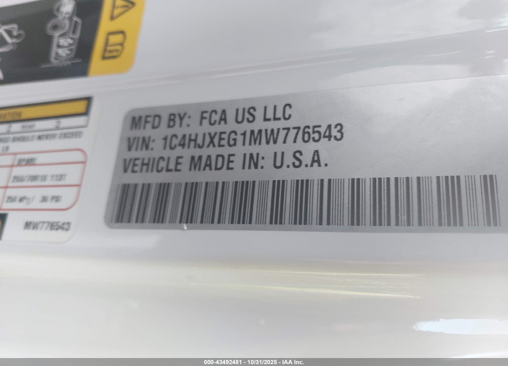 2021 JEEP WRANGLER UNLIMITED SAHARA 4X4 VIN: 1C4HJXEG1MW776543