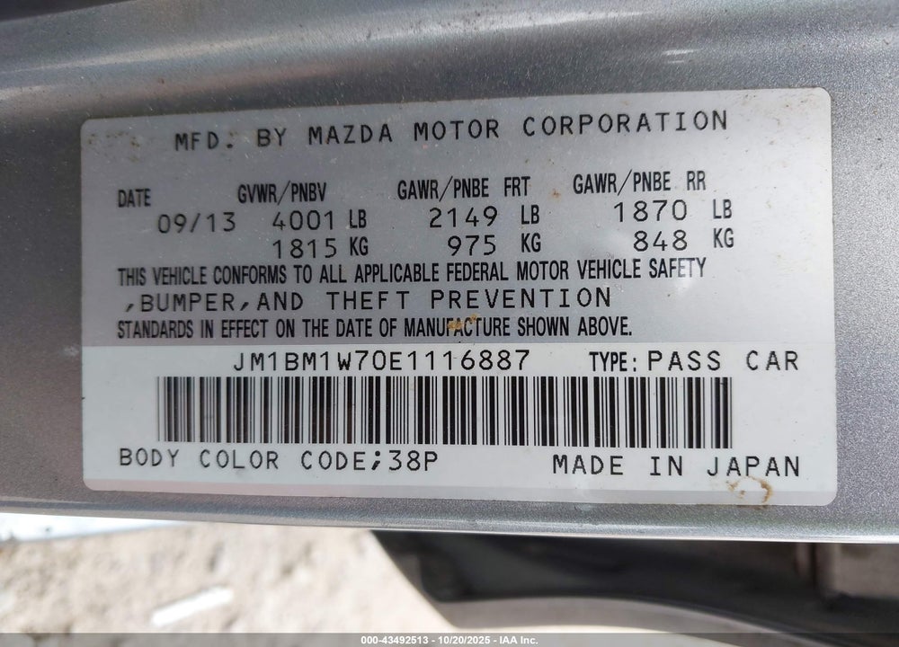 2014 MAZDA 3 VIN: JM1BM1W70E1116887
