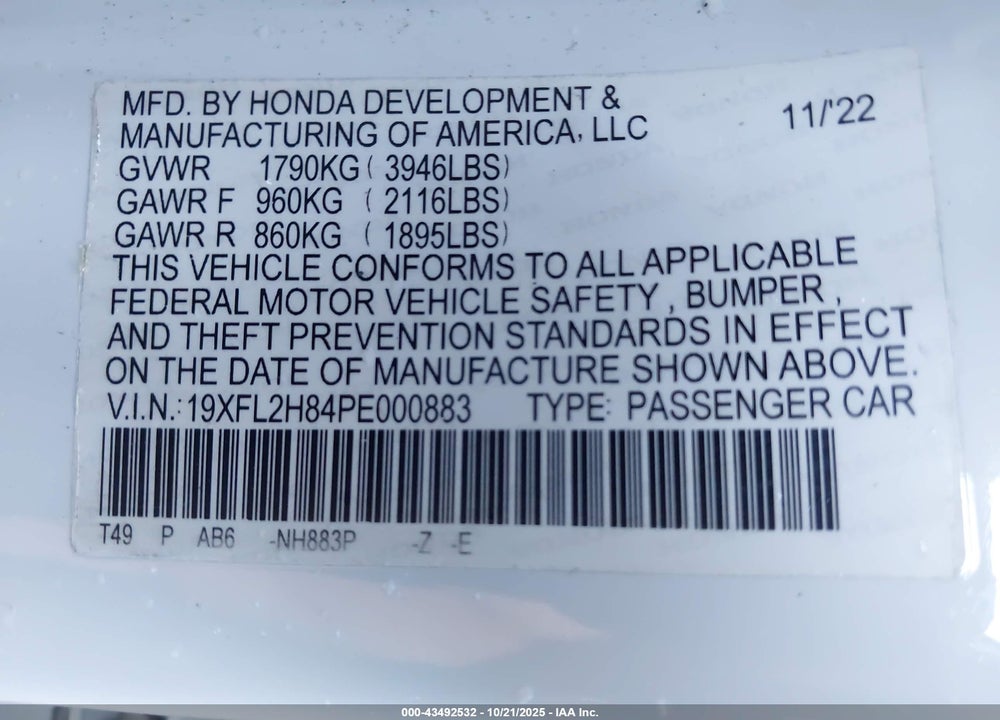 2023 HONDA CIVIC SPORT VIN: 19XFL2H84PE000883