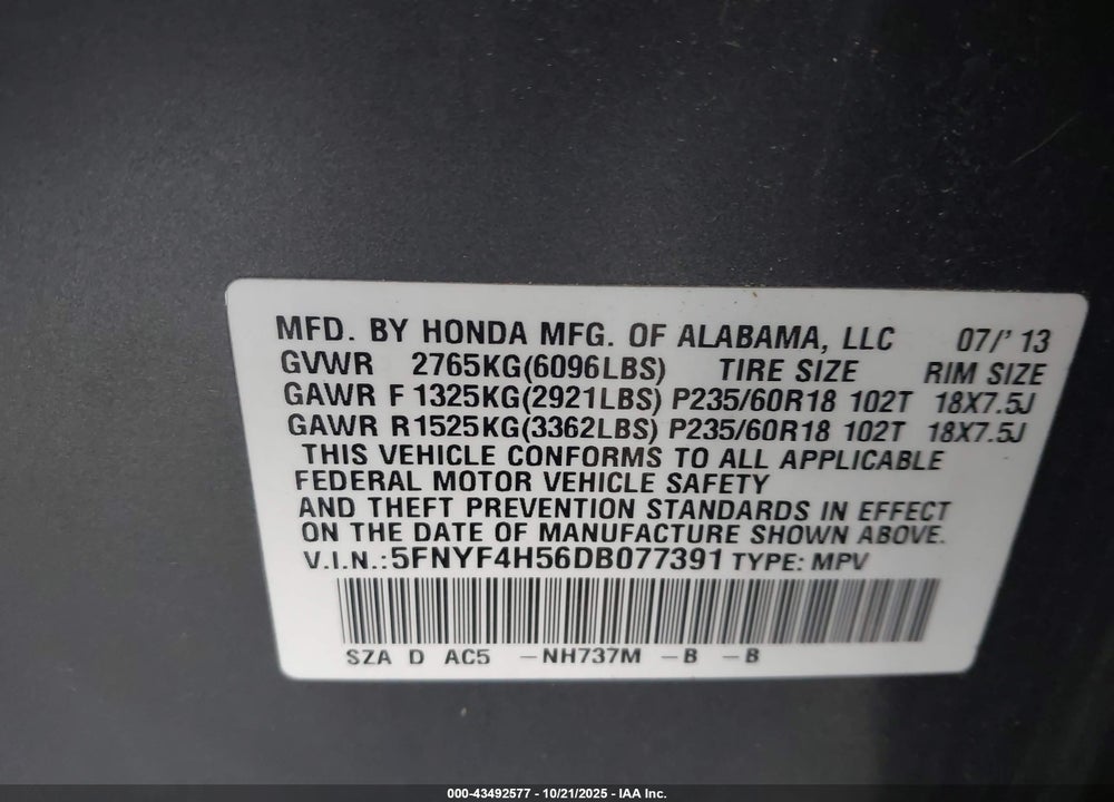 2013 HONDA PILOT VIN: 5FNYF4H56DB077391