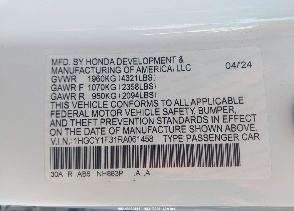 2024 HONDA ACCORD EX VIN: 1HGCY1F31RA061458