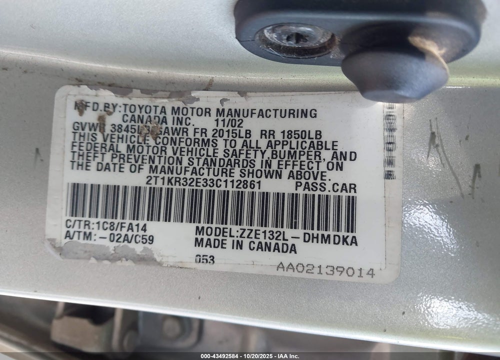 2003 TOYOTA MATRIX STANDARD VIN: 2T1KR32E33C112861