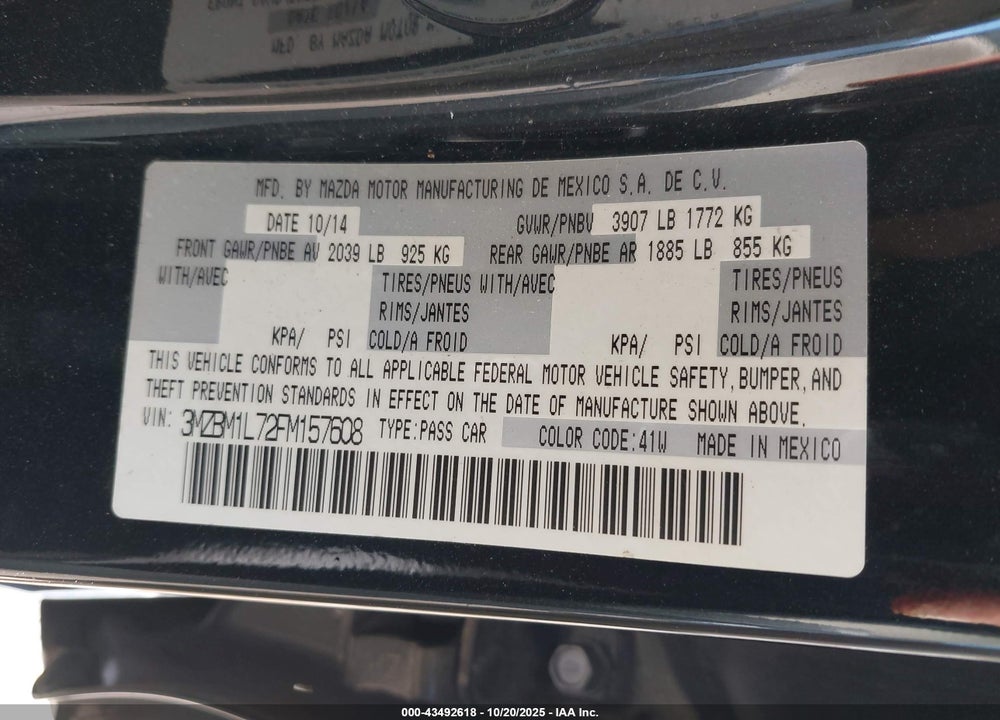 2015 MAZDA 3 VIN: 3MZBM1L72FM157608