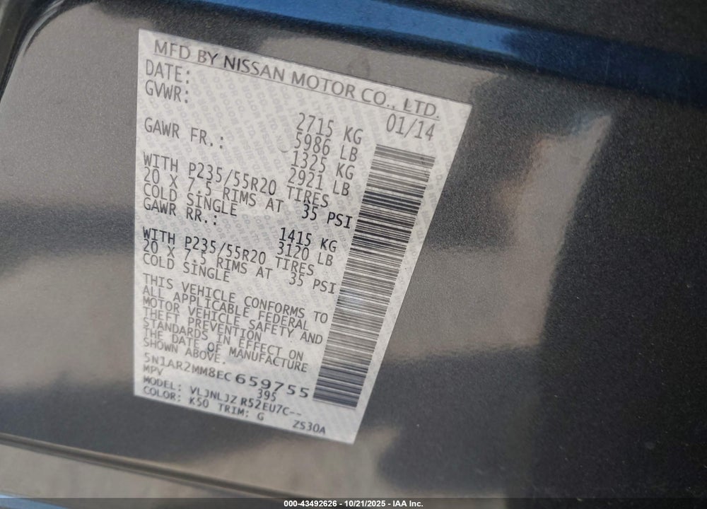 2014 NISSAN PATHFINDER VIN: 5N1AR2MM8EC659755