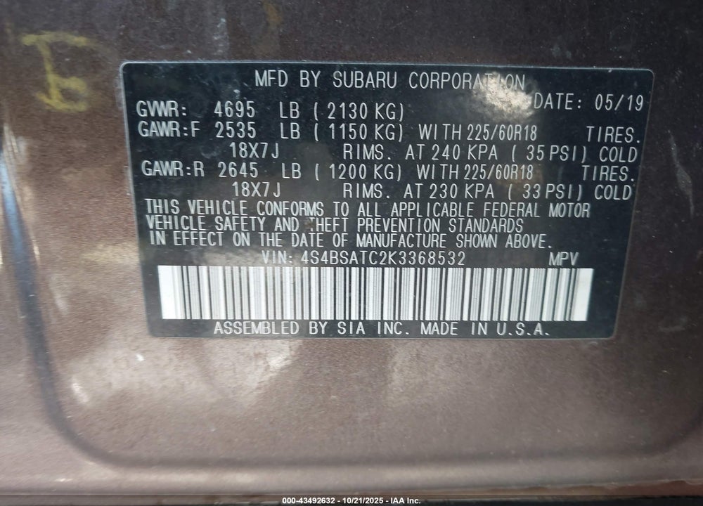 2019 SUBARU OUTBACK VIN: 4S4BSATC2K3368532