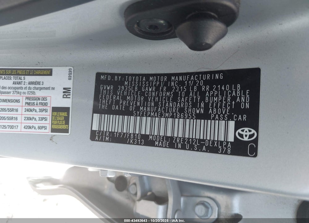 2021 TOYOTA COROLLA LE VIN: 5YFEPMAE3MP186955