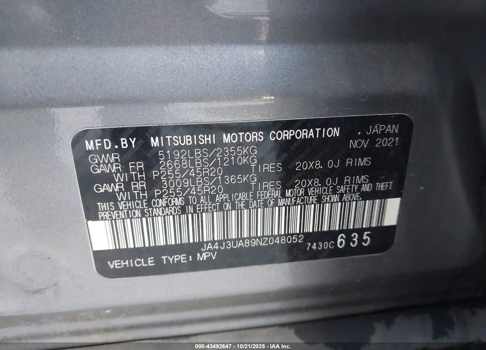 2022 MITSUBISHI OUTLANDER BLACK EDITION 2WD/SE 2.5 2WD/SE LAUNCH EDITION 2WD VIN: JA4J3UA89NZ048052