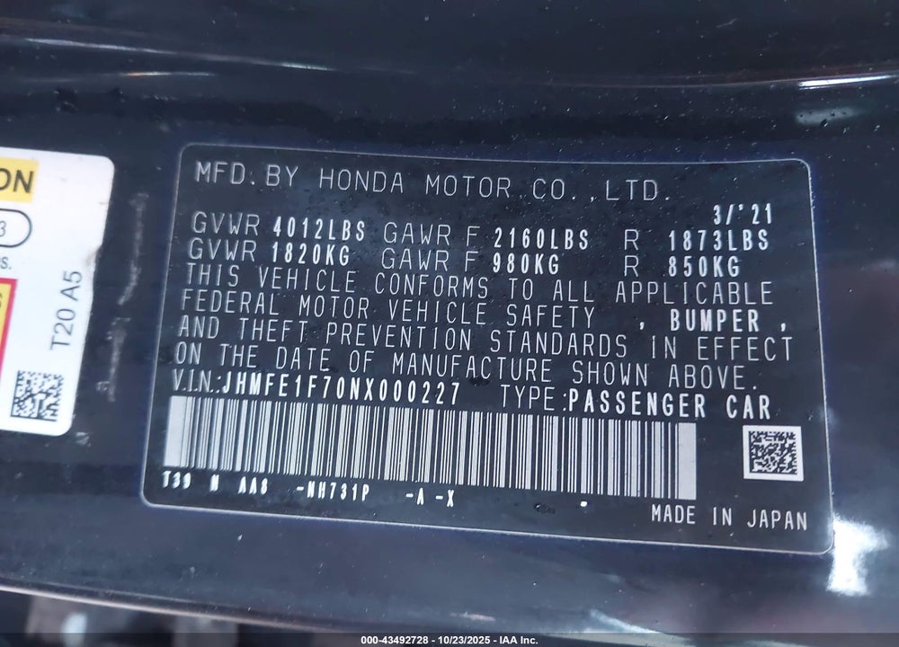 2022 HONDA CIVIC EX VIN: JHMFE1F70NX000227