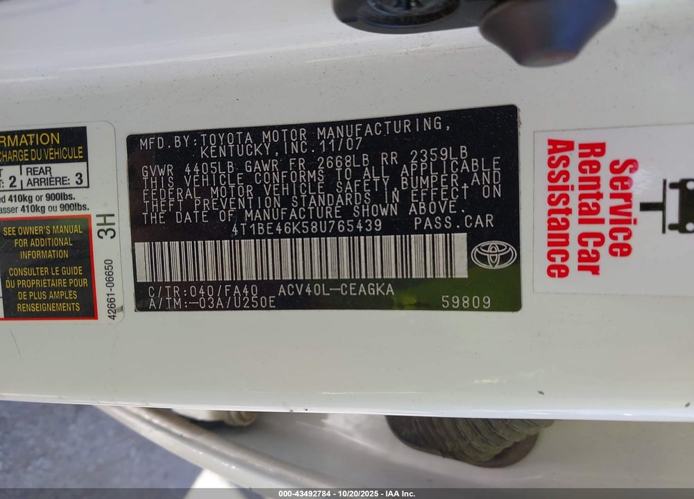 2008 TOYOTA CAMRY XLE VIN: 4T1BE46K58U765439