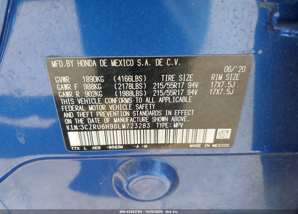 2020 HONDA HR-V AWD TOURING VIN: 3CZRU6H96LM723283