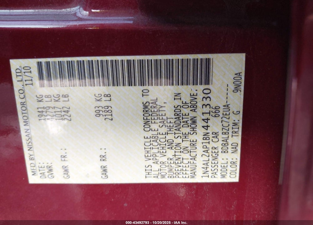 2011 NISSAN ALTIMA 2.5 S VIN: 1N4AL2AP1BN441330