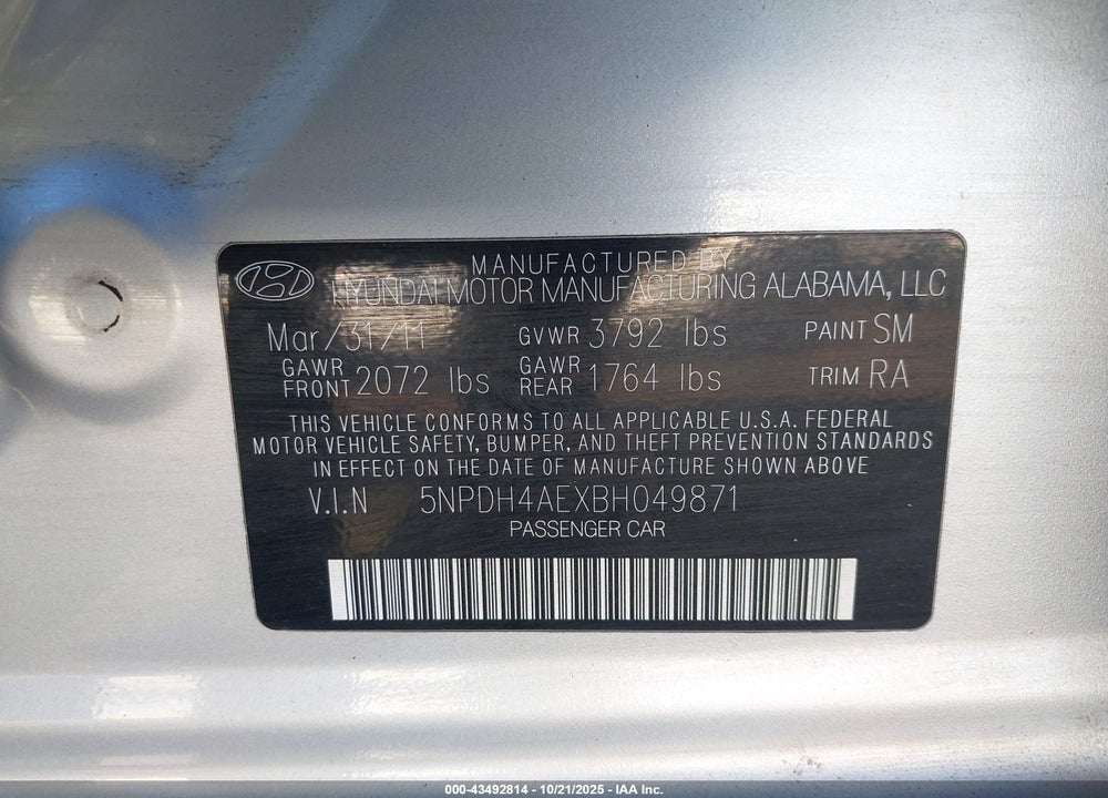 2011 HYUNDAI ELANTRA LIMITED VIN: 5NPDH4AEXBH049871