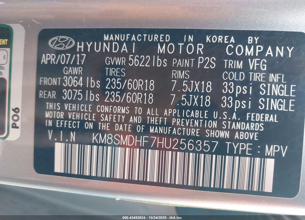 2017 HYUNDAI SANTA FE SE VIN: KM8SMDHF7HU256357