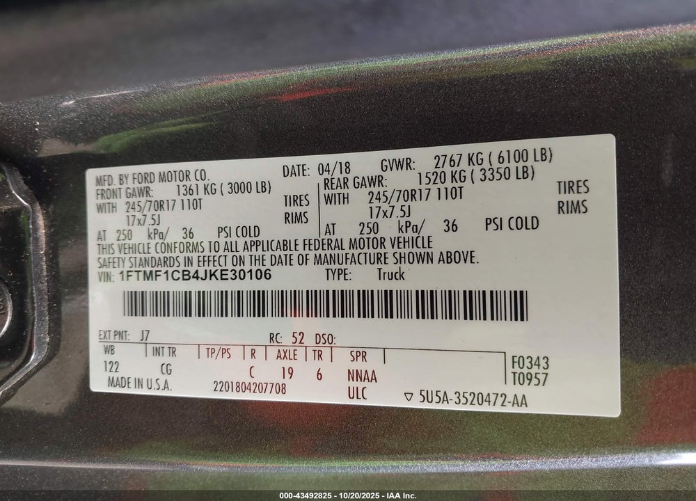 2018 FORD F-150 XL VIN: 1FTMF1CB4JKE30106