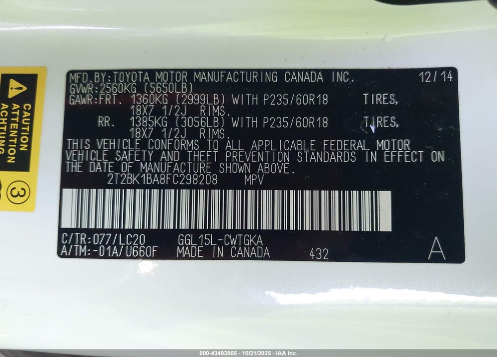2015 LEXUS RX 350 VIN: 2T2BK1BA8FC298208
