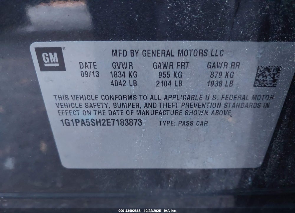 2014 CHEVROLET CRUZE LS AUTO VIN: 1G1PA5SH2E7183873