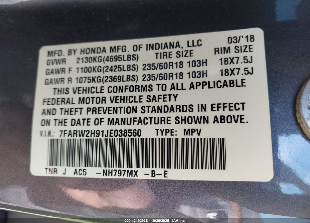2018 HONDA CR-V TOURING VIN: 7FARW2H91JE038560