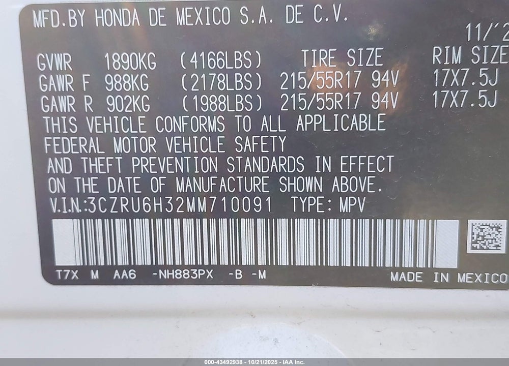 2021 HONDA HR-V VIN: 3CZRU6H32MM710091